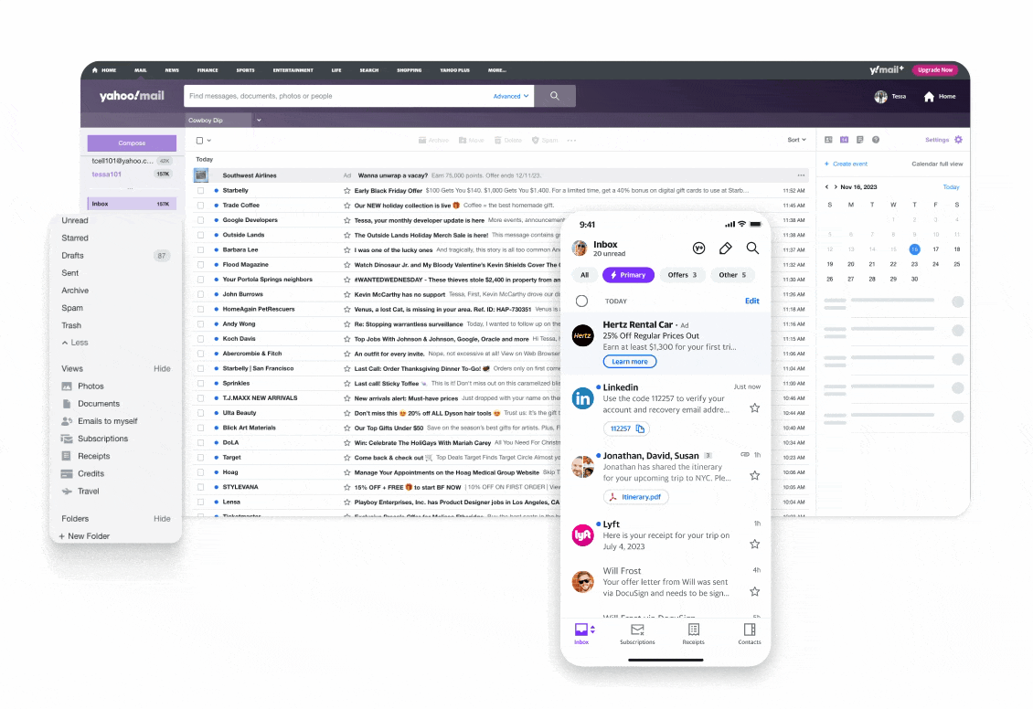 Animated demonstration of Yahoo Mail interface showing data analysis and user engagement patterns across desktop and mobile platforms