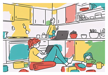 Person multitasking with laptop in kitchen environment