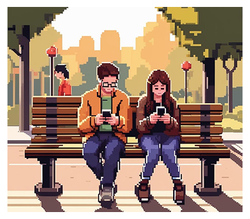 Two people on a bench using mobile devices in different contexts