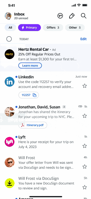Yahoo Mail mobile interface showing simplified navigation with Primary, Offers, and Other tabs and inbox email list